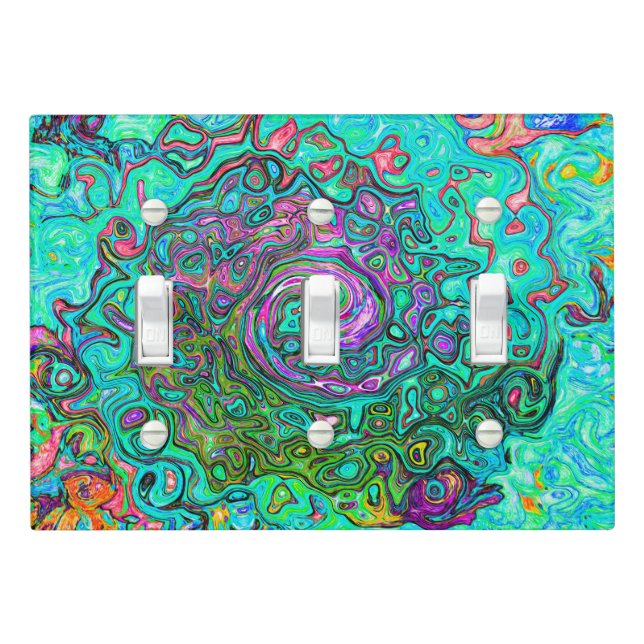 Aquamarine Groovy Abstract Retro Liquid Swirl Light Switch Cover (In Situ)