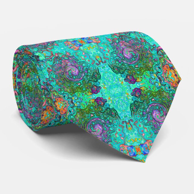 Aquamarine Groovy Abstract Retro Liquid Swirl Neck Tie (Rolled)