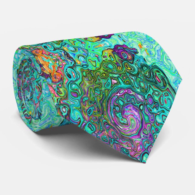 Aquamarine Groovy Abstract Retro Liquid Swirl Neck Tie (Rolled)