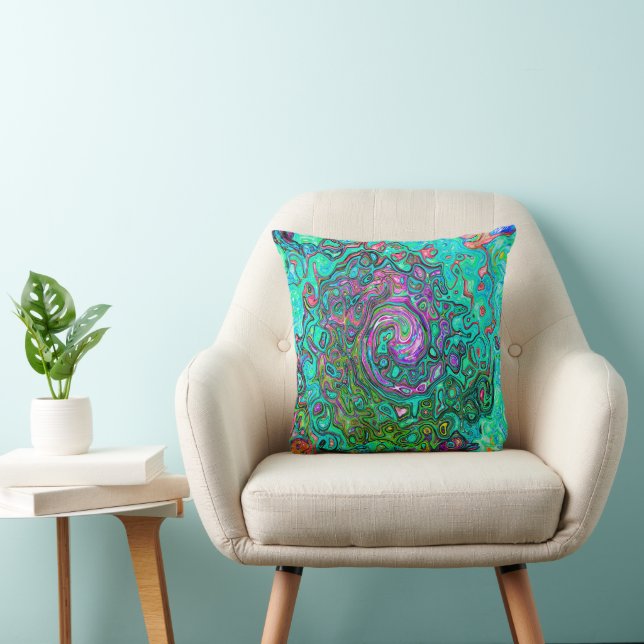 Aquamarine Groovy Abstract Retro Liquid Swirl Throw Pillow (Chair)