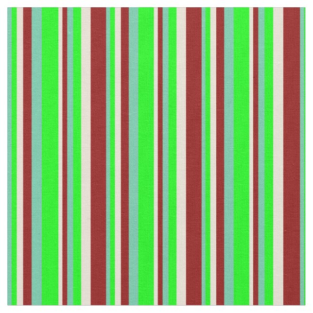 Aquamarine, Lime, Bisque, and Dark Red Stripes Fabric (Close Up)