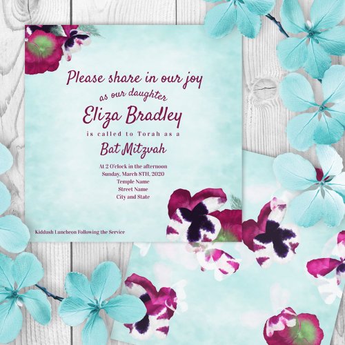 Aquamarine Magenta Pansies Bat Mitzvah Invitation