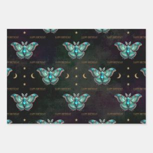 Aquamarine March Birthstone Moth Happy Birthday Wrapping Paper Sheets