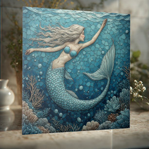 Aquamarine Mermaid Ocean Mosaic Luminous Coral Art Ceramic Tile