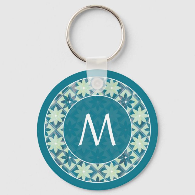 Aquamarine Monogram Floral Tiles Keychain (Front)