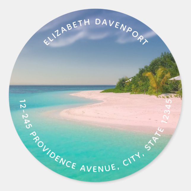 Aquamarine Ocean Tropical Beach Scenic Address Classic Round Sticker (Front)