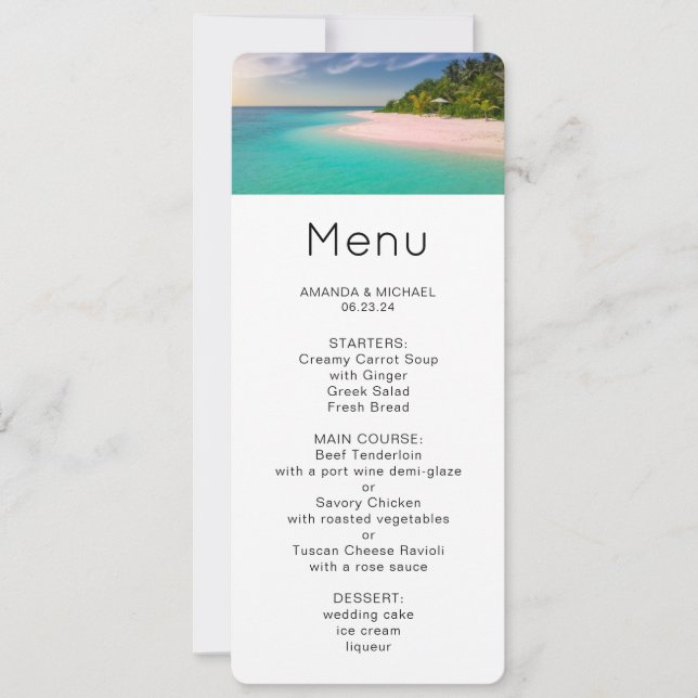Aquamarine Ocean Tropical Beach Scenic Menu Invitation (Front)