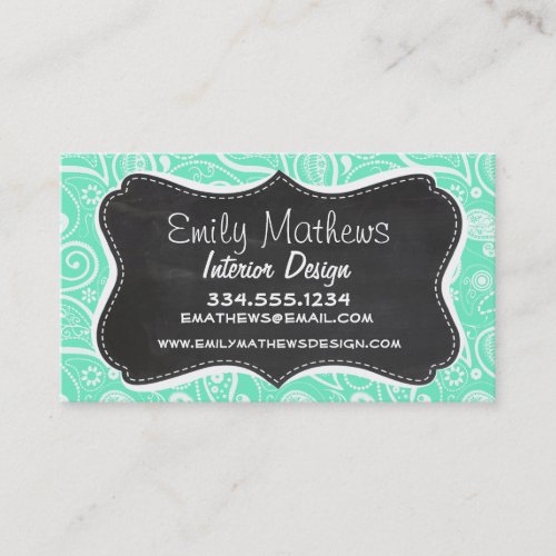 Aquamarine Paisley; Retro Chalkboard Business Card Template