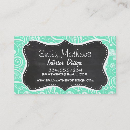 Customizable Aquamarine Paisley; Retro Chalkboard Business Card Template
