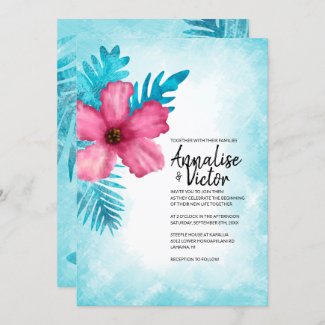 Aquamarine Pink Hibiscus Wedding Invitation