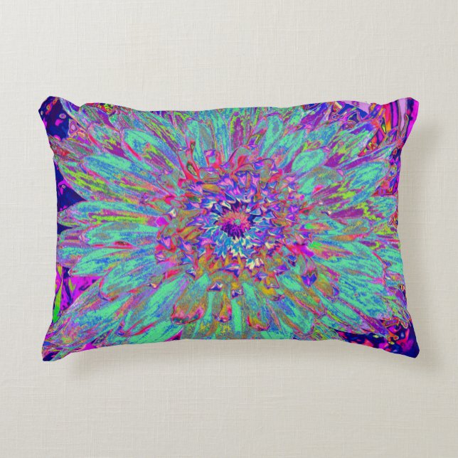 Aquamarine Rainbow Color Abstract Dahlia Flower Accent Pillow (Front)