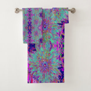 Aquamarine Rainbow Color Abstract Dahlia Flower Bath Towel Set