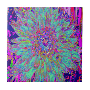 Aquamarine Rainbow Color Abstract Dahlia Flower Ceramic Tile
