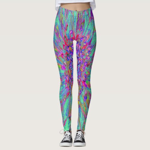 Aquamarine Rainbow Color Abstract Dahlia Flower Leggings