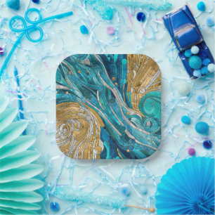 Aquamarine River Abstract Mosaic Art Paper Plates