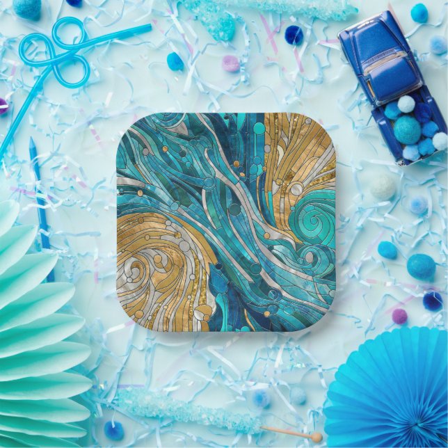 Aquamarine River Abstract Mosaic Art Paper Plates (Party)