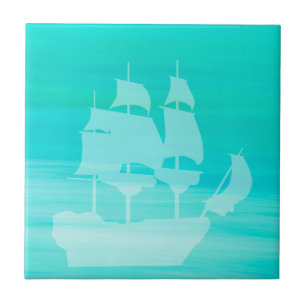Aquamarine sea water with an old sailboat tile