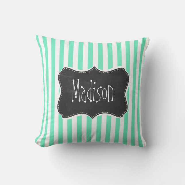 Aquamarine Seafoam Green Stripes; Chalkboard look Throw Pillow (Front)