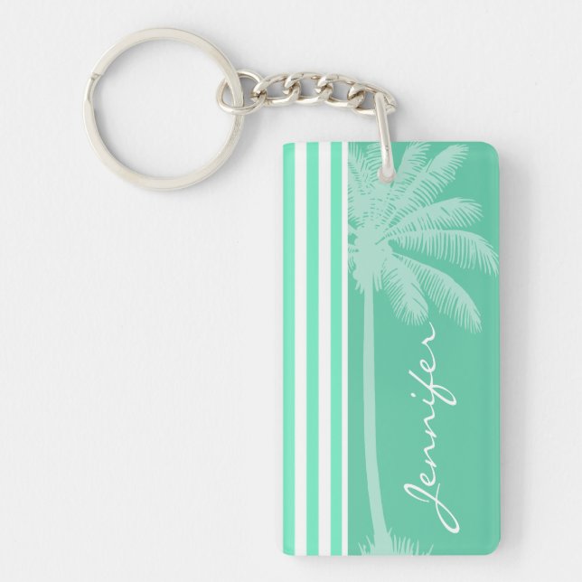 Aquamarine Seafoam Green Stripes; Retro Palm Tree Keychain (Front)