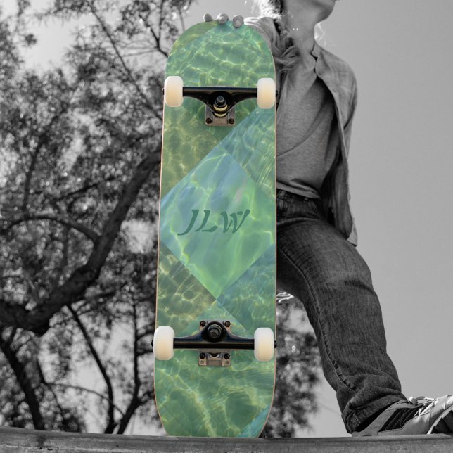 Aquamarine Seafoam Water Patchwork with Initials Skateboard (Creator Uploaded)