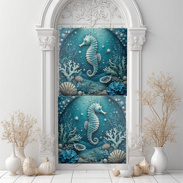 Aquamarine Seahorse Coastal Seashells Corals Reef  Ceramic Tile (Aquamarine Seahorse Coastal Seashells Corals Reef Ceramic Tile)