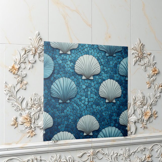 Aquamarine Seashells Mosaic Blue Ocean Marine Life Ceramic Tile (Aquamarine Seashells Mosaic Blue Ocean Marine Life Ceramic Tile)