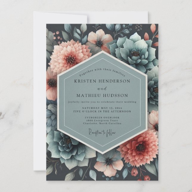 Aquamarine Shadowed Flora Wedding Invitation (Front)