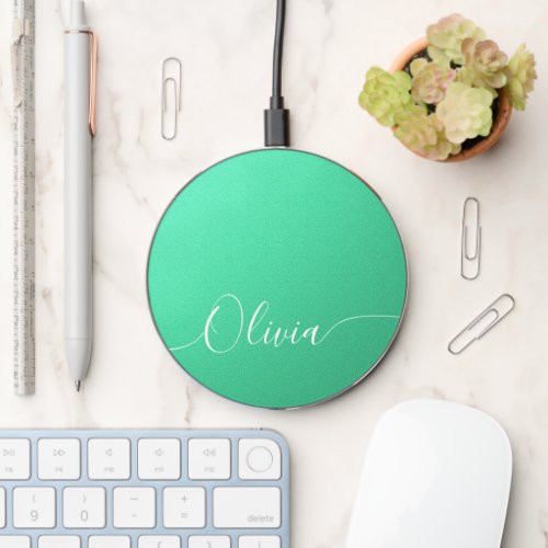 Aquamarine Shimmer Elegant Calligraphy Script Name Wireless Charger