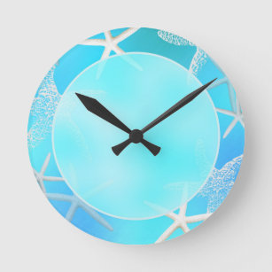 Aquamarine Starfish on Blue Wall Clock