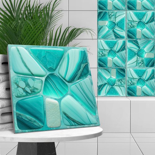 Aquamarine stone Flower Abstract Cellular Art Ceramic Tile