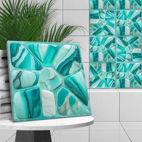 Aquamarine stone Flower Abstract Cellular Art Ceramic Tile