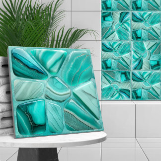 Aquamarine stone Flower Abstract Cellular Art Ceramic Tile