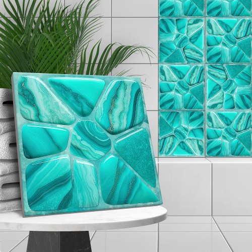 Aquamarine stone Flower Abstract Cellular Art Ceramic Tile