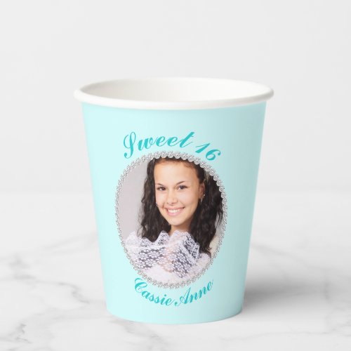 Aquamarine Sweet 16 Framed Photo  Paper Cups