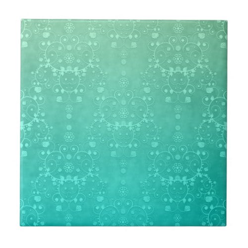 Aquamarine Teal Mint Green Fancy Damask Pattern Ceramic Tile