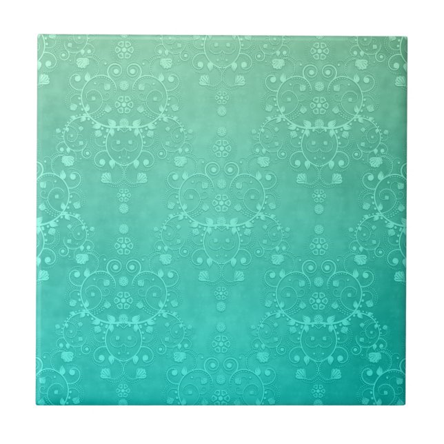 Aquamarine Teal Mint Green Fancy Damask Pattern Ceramic Tile (Front)