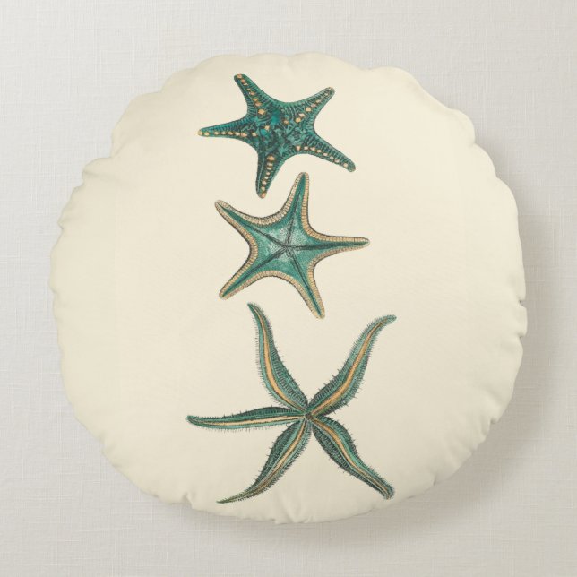 Aquamarine Triple Starfish Round Pillow (Front)