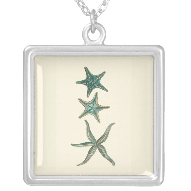Aquamarine Triple Starfish Silver Plated Necklace (Front)