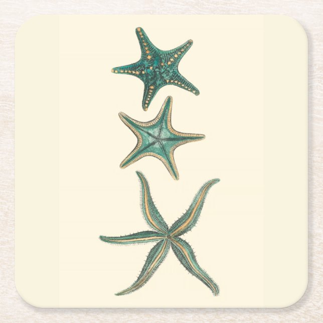 Aquamarine Triple Starfish Square Paper Coaster (Front)