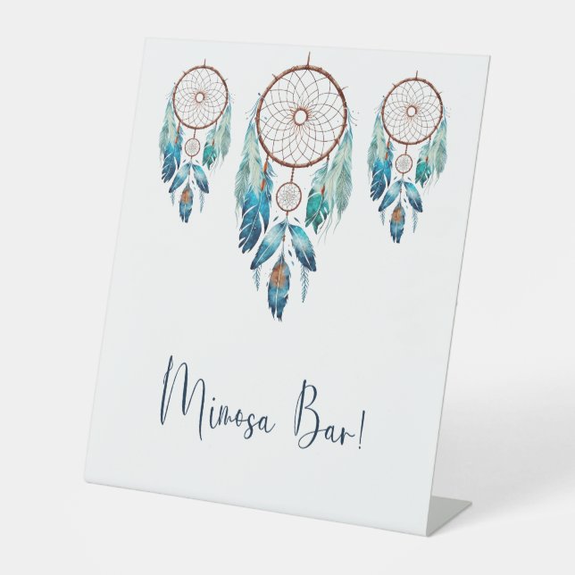 Aquamarine Watercolor Dreamcatcher Mimosa Bar Pedestal Sign (Front)
