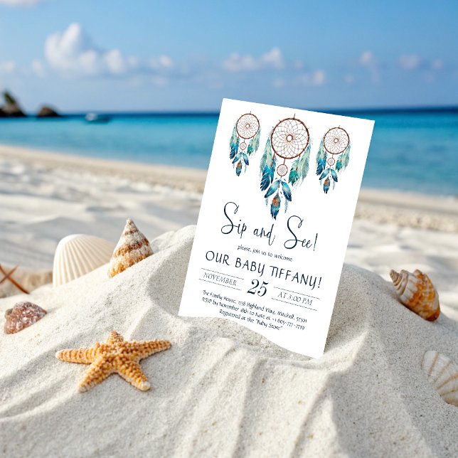 Aquamarine Watercolor Dreamcatcher Sip and See Invitation (Aquamarine Watercolor Dreamcatcher Sip and See Invitation)