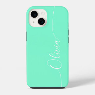 Aquamarine White Elegant Calligraphy Script Name iPhone 14 Case