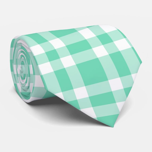 Aquamarine White Plaid Pattern Neck Tie (Rolled)