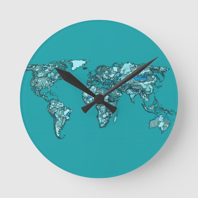 aquamarine world map ink drawing round clock (Front)