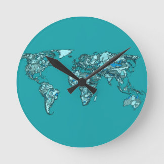 aquamarine world map ink drawing round clock