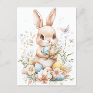 Aquarell Easter postcard with Easter Bunny and flo