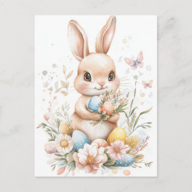 Aquarell Easter postcard with Easter Bunny and flo (Front)
