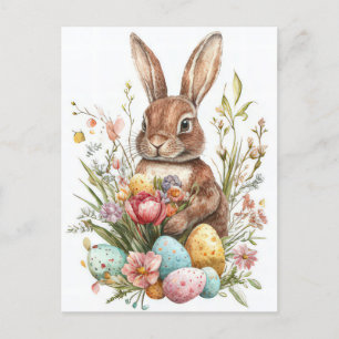 Aquarell Easter postcard with Easter Bunny and flo