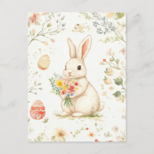 Aquarell Easter postcard with Easter Bunny and flo