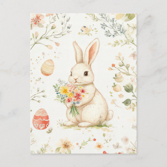 Aquarell Easter postcard with Easter Bunny and flo (Front)